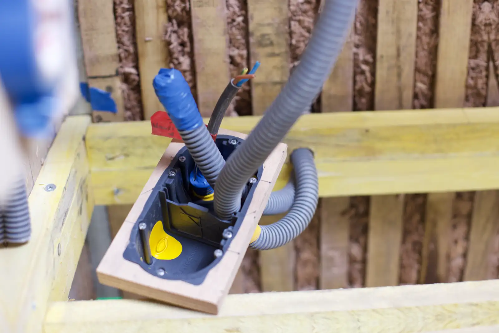 Boîtier électrique fixé sur une plaque de contreplaqué intégrée à l'ossature d'une cloison, pour faciliter la pose et le positionnement des prises.